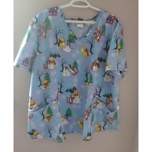 Disney Winnie The Pooh Winter Scrub Top Blue V Neck Women's Size 3XL - Picture 1 of 9
